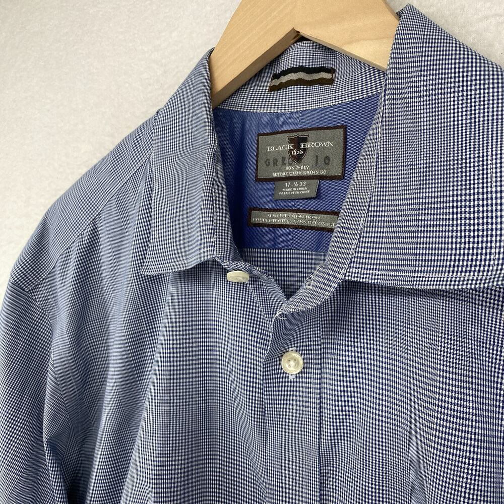 BLACK BROWN 1826 Shirt Mens 17.5 33 80s 2 Ply Slim Fit Non Iron Dress Check Blue